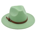 Close-up of light green wool fedora hat featuring a brown leather belt buckle detail - Green (Two Studs)