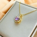 Close-up of gold pendant necklace with purple zircon stone and pavé halo on champagne silk - FZ009-Round Purple Halo
