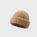 Plush camel knit beanie for winter in soft faux fur texture with thick fold-over cuff - Plain Style / Khaki