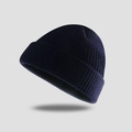 Navy blue winter knitted beanie with classic ribbed texture and rolled edge for men and women - One Size / Navy Blue