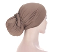 Brown high-elastic knit chemo headscarf with large bun space and decorative knot - Khaki