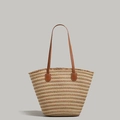 Sommer-Stroh-Shopper mit braunen Ledergriffen und beige gestreiftem Webmuster - Beige + Khaki Fransen Quaste