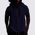 Détail d'un t-shirt à capuche bleu marine en coton et lin avec boutons et cordons de serrage - S / Bleu marine