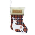 Calza di Natale a quadri rossi e neri con renna bianca e ricamo Welcome - Calza piccola con renna bianco beige