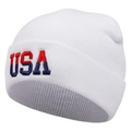 Détail du tricot côtelé et de la broderie USA sur un bonnet blanc de style sport - M (56-58cm) / Blanc