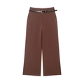 Pantalones marrones de pierna ancha y talle alto para mujer con cinturón negro y oro - S / Marrón Oscuro