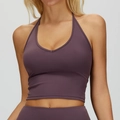 Dunkelvioletter Neckholder-Yoga-Sport-BH mit V-Ausschnitt und elastischem Mattenstoff - S / Traubenlila