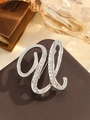 Elegant silver letter L brooch with sparkling crystal rhinestones on leather background - Silver Letter U