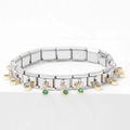 Detail of silver modular stainless steel link bracelet with gold-tone green gem charms - Grass Green