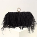 Elegant black ostrich feather evening clutch bag with a gold jewel-encrusted ring clasp - Black