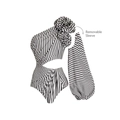 Detail of one-shoulder swimsuit with 3D flower and removable black white striped sleeve - S / Swimsuit with Removable Sleeve