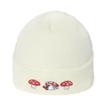 Cream knit beanie featuring three red mushroom embroideries for a cute winter look - M (56-58cm) / White
