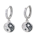 Macro view of yin yang drop earrings with micro-paved black and white cubic zirconia - Silver Base - Black & White