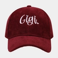 Classic burgundy corduroy baseball cap with white Gigi embroidery for women outdoors - Adjustable / Burgundy