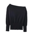 Fashionable black off-shoulder long sleeve knitted sweater with wide ribbed cuffs and hem - S / Dark Blue