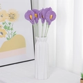 Handmade crochet bouquet with five purple calla lilies in a white textured ceramic vase - Calla Lily Purple