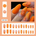 Ovale orangefarbene Kunstnägel zum Aufkleben mit Zitrusmotiven und mattem Farbverlauf - Lebendiges Orange (Kleber-Stil) (W1382)