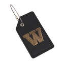 Black leather luggage tag with gold letter W and durable metal cable loop attachment - Letter W