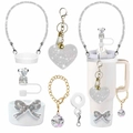 Sparkling white rhinestone Stanley cup accessory set with heart keychain and straw cover - Silver Diamond Heart Set