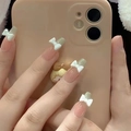 Glossy ombre press-on nails with 3D white bow accents and green gradient tips - Matcha Green French Bowknot (N5125)