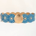 Blue leather disc belt with ornate gold floral metal buckle for jeans and dresses - Bright Gold Blue