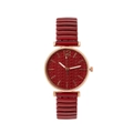 Women's quartz watch with red dial, floral texture, and golden case on white background - Red
