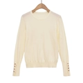 Chic cream slim fit knit sweater with golden decorative buttons on the long sleeve cuffs - S / White
