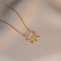 Detail shot of golden Ping'an Lock necklace with cat's eye stone and Ruyi clouds - Safety Lock Necklace (X0021) / Gold