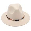 Detail of bohemian fedora hat band with colorful wooden beads and white shells - One Size / Beige (Obsidian Decoration)