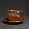 Japanese retro ceramic coffee cup with saucer set in mountain textured brown glaze - 238-a Meteorite Pattern Coffee Mug + Saucer (brown) 200ml / Universal