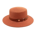Detail of brick red straw boater hat with a brown leather band and gold metal buckle - M (56-58cm) / Caramel color