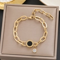 Gold plated thick chain bracelet with black Roman numeral pendant and zircon - Gold Roman Numeral Black Pendant Chunky Chain (5229)