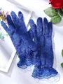 Elegant royal blue floral lace sun protection gloves with vintage ruffle wrist detail - Sapphire Blue
