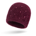 Gorro de invierno de punto rojo vino para mujer con forro cálido y perlas decor - Burdeos