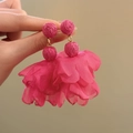 Detailed view of magenta raffia and chiffon flower petal drop earrings for vacation - Style 1 (Steel Pin) / Rose Red