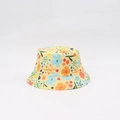 Detailed macro view of yellow cotton sun hat with vibrant floral print and wide brim - One Size (48-53cm Circumference) / Yellow