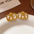 Elegant gold letter A rectangular stud earrings displayed on a white ceramic plate - 63# 925 Sterling Silver Earring Post-Gold Letter A Nested Rectangle Stud Earrings (Real Gold Plating)