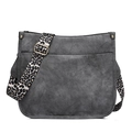 Gray vegan leather crossbody tote bag featuring a stylish leopard print shoulder strap - Gray