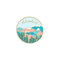 Round landscape enamel pin with mountains and Adventure text in golden finish - Adventure Mountain View Round Style (XZ2959)