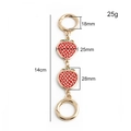 Detailed measurement showing 14cm red strawberry bag charm with gold metal clasp - Red Strawberry Shape