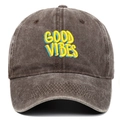 Detail of Good Vibes 3D embroidery on dark brown washed cotton baseball cap - Coffee