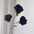 Artificial black diamond rose with three flower heads and green leaves for wedding decor - Black