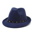 Classic dark blue wool fedora hat with gold and silver studded band on white background - M (56-58cm) / Navy Blue