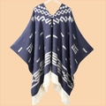 Macro detail of blue and white geometric knitted texture with decorative tassel fringe - 130x150cm / Pullover Western Cowboy Navy Blue