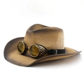 Brown distressed woven cowboy hat featuring steampunk goggles with yellow lenses - M (56-58cm) / Khaki and Coffee Gradient