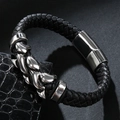 Bracelet homme cuir tressé noir style hip-hop avec fermoir magnétique tête de dragon argent - Noir