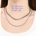 Silver layered stainless steel jewelry set with Cuban link and rope chain on model - Cuban Link + Rope Chain Double Layer Set / Silver 2-Layer Style (KN288928-Z)