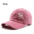 Pink washed cotton baseball cap with glittery star patches and distressed details - Pink