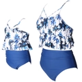 Detail von Rüschen-Bikini-Tops mit blauem Palmenmuster und hoch taillierten Hosen für Mutter Kind - Erwachsene S / Blau