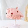 Béret tricoté rose clair pour enfants avec broderie de fleurs rouges et tige décorative - 2-6 Ans (Extensible) / Arbre Rose